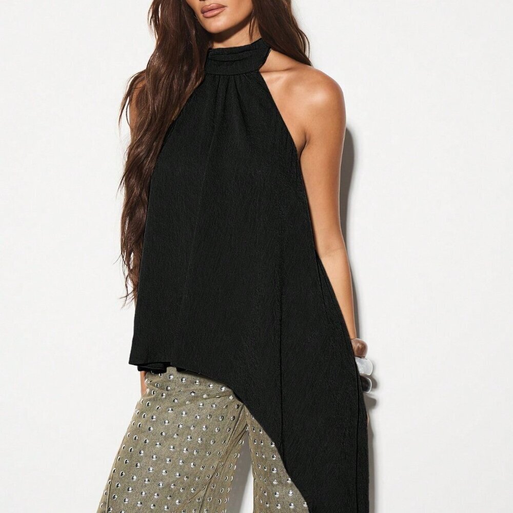 Black Casual Women's Halter Neck Sleeveless Top